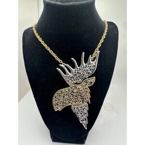 Vintage Gold Crown Inc Filigree Moose Necklace Articulated Two Tone Green Stone